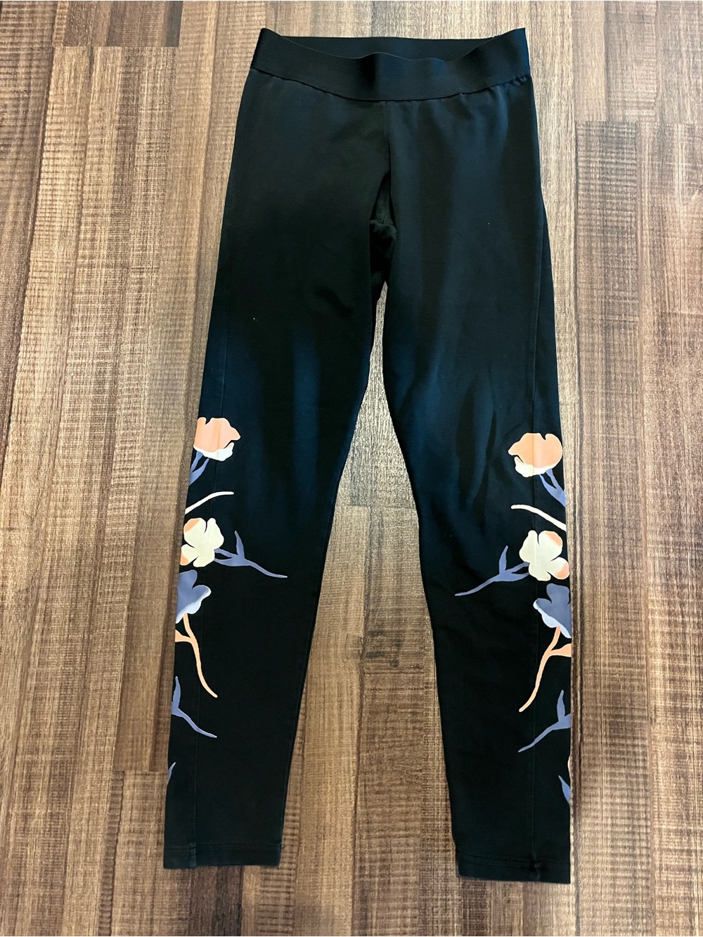 adidas Black Leggings with Peach & Lavender Floral Accents
